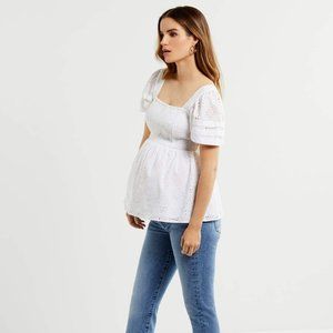 Motherhood Maternity Puff Sleeve White Eyelet Maternity Top Size Small